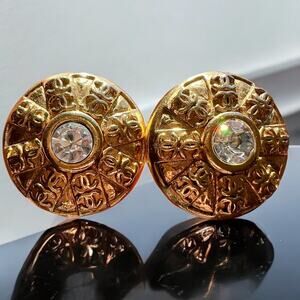 CHANEL Vintage 1988 CC Logos Button Motif Bijou Stone Earrings Clip-On 23